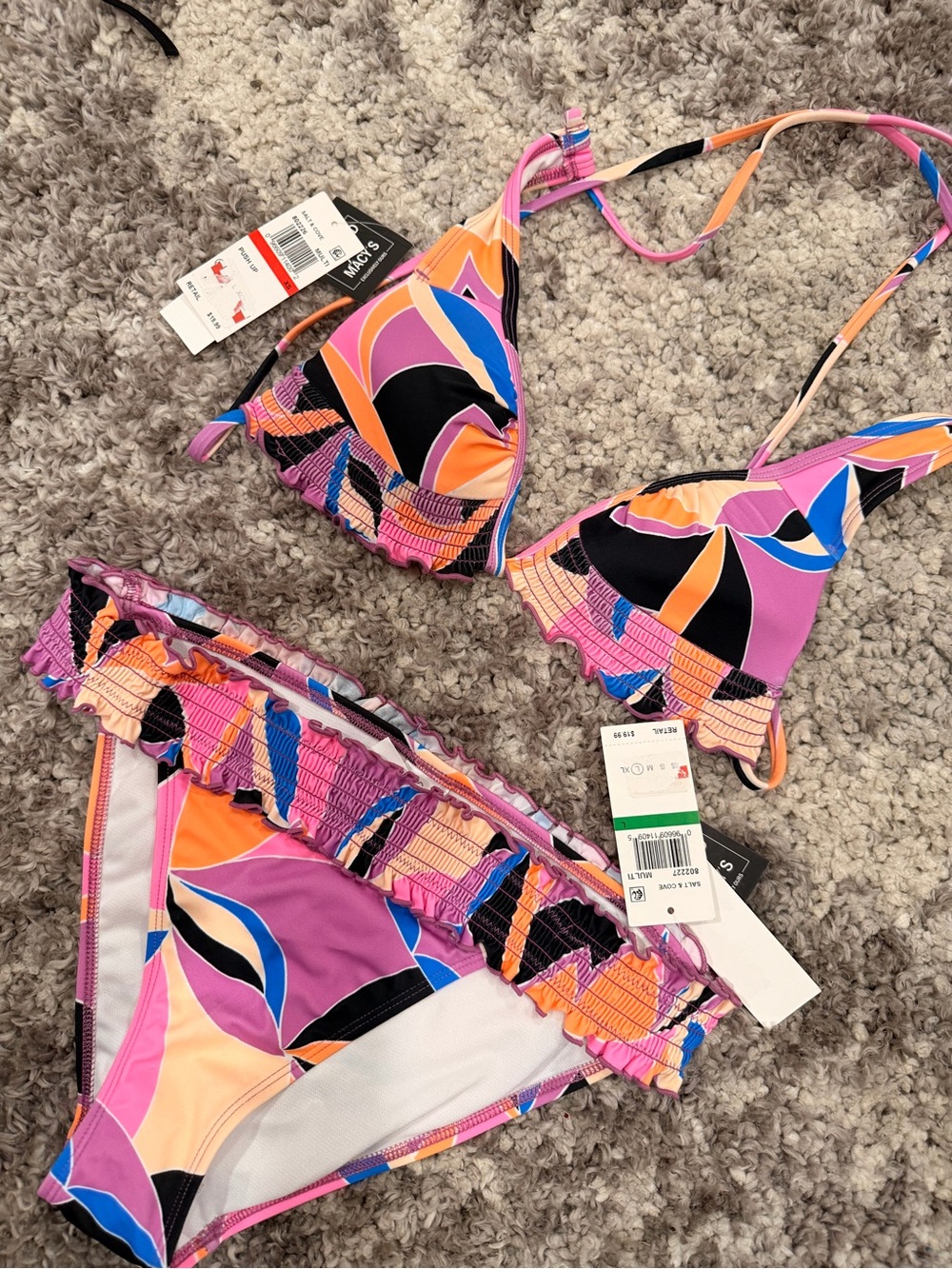 Macy's Pink Orange Blue Abstract Ruffle Bikini Set - Picture 6 of 9